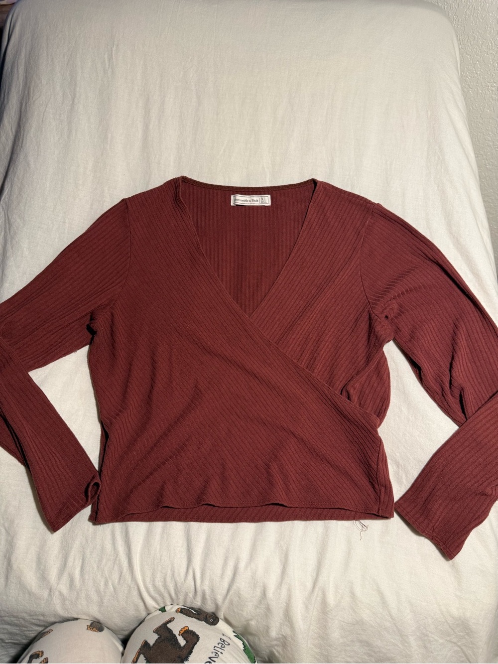 Ribbed Wrap Front Long Sleeve Top - Deep Burgundy